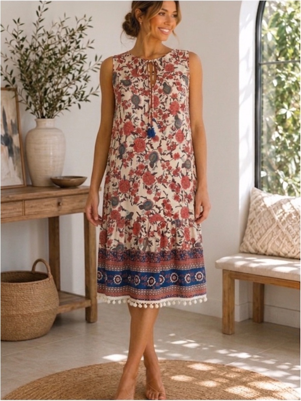 EMERY ROSE NIB Sleeveless Floral Border Midi Dress in Cream & Red w tassels SZ M
